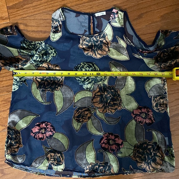 En Creme open shoulder blue velvet flowers over sheer blouse. Size medium - Picture 8 of 9